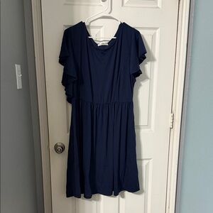 Flutter-Sleeve Midi Dress in Navy